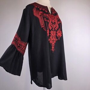 Caleaaa Womens XL Black Red Embroidered Bell Sleeve Tunic Peasant‎ Top Boho